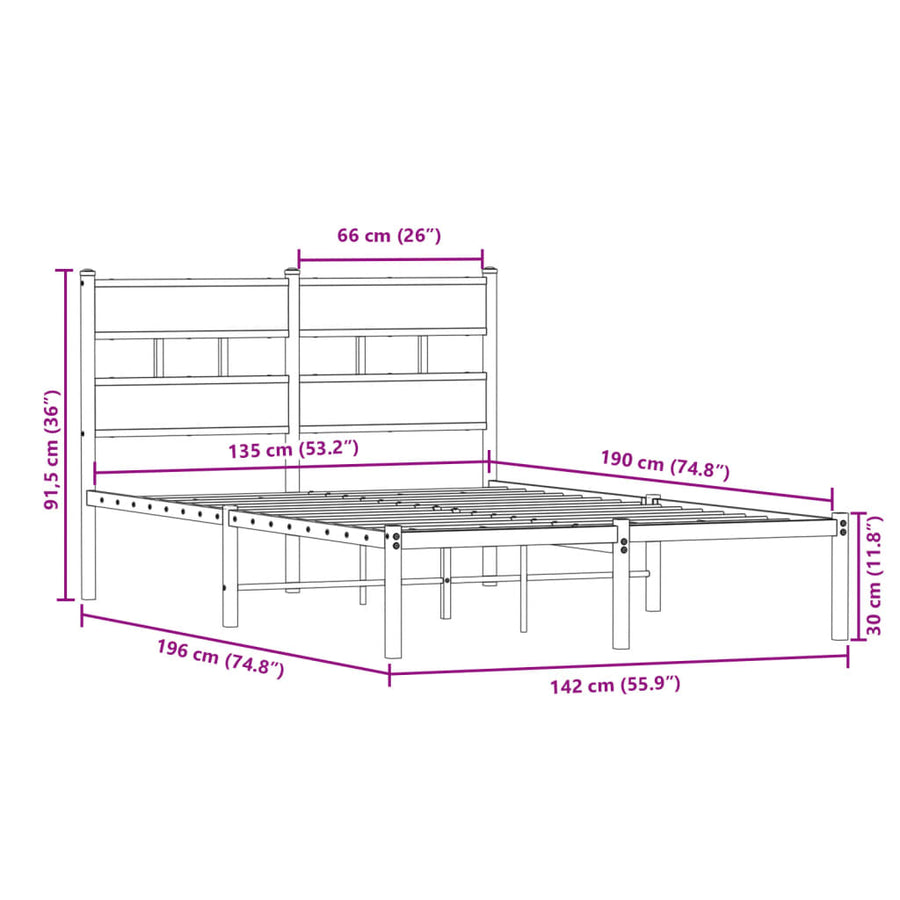 Bedframe zonder matras metaal sonoma eikenkleurig 135x190 cm