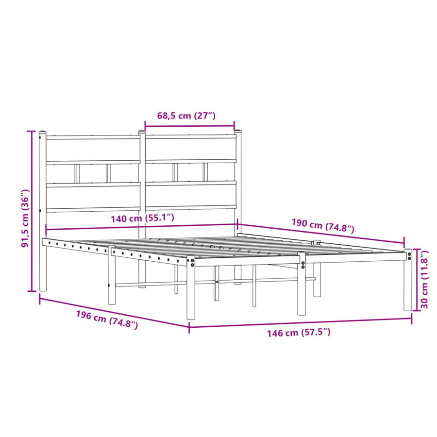 Bedframe zonder matras metaal sonoma eikenkleurig 140x190 cm