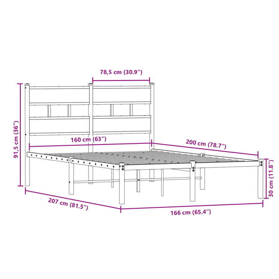 Bedframe zonder matras metaal sonoma eikenkleurig 160x200 cm