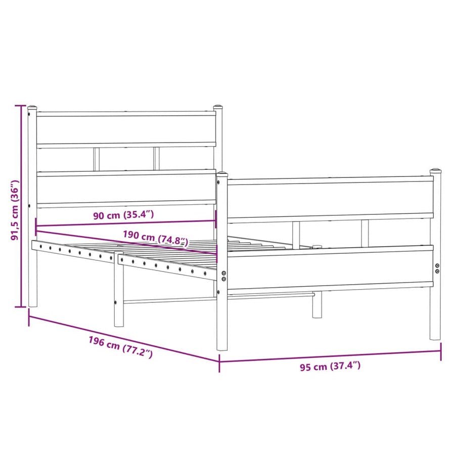 Bedframe Zonder Matras Metaal Kleurig 90 x 190 cm Sonoma eiken