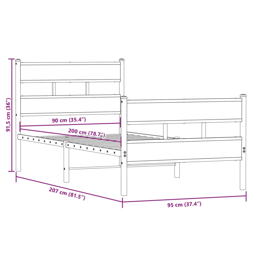 Bedframe zonder matras metaal sonoma eikenkleur 90x200 cm