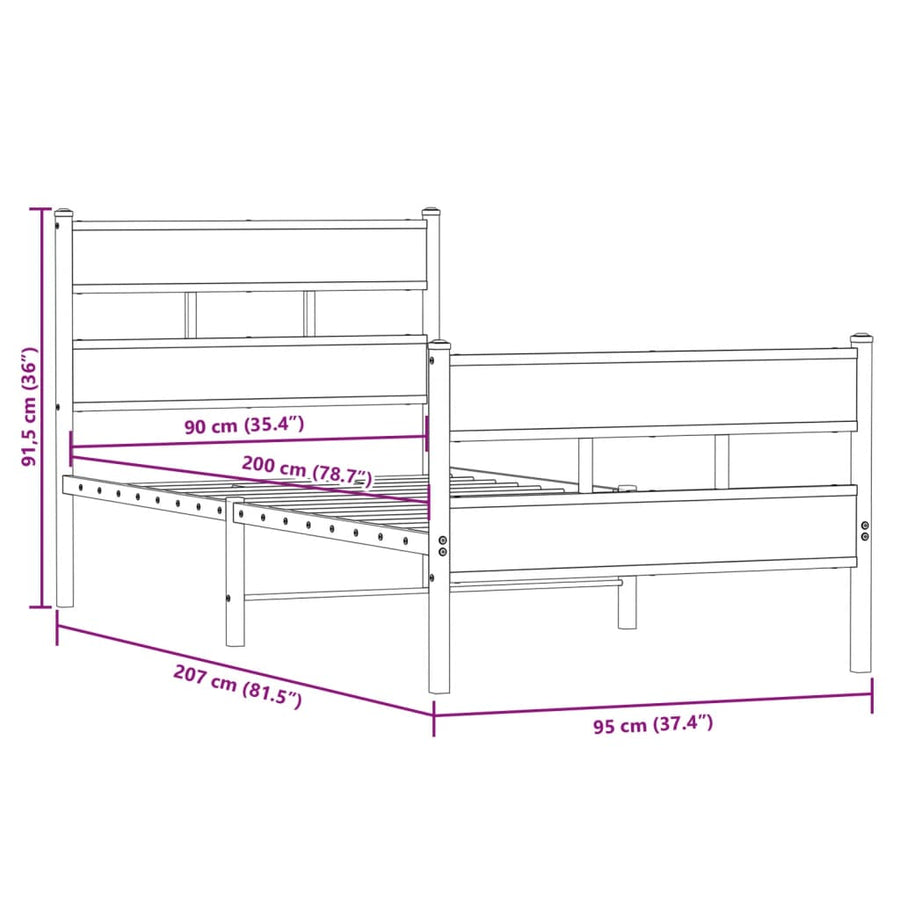 Bedframe zonder matras metaal sonoma eikenkleur 90x200 cm