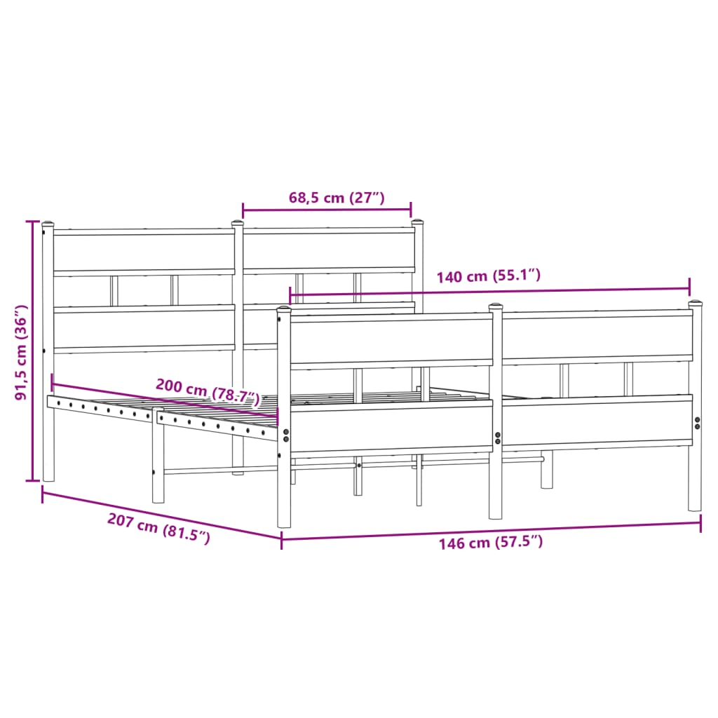 Bedframe zonder matras metaal sonoma eikenkleurig 140x200 cm