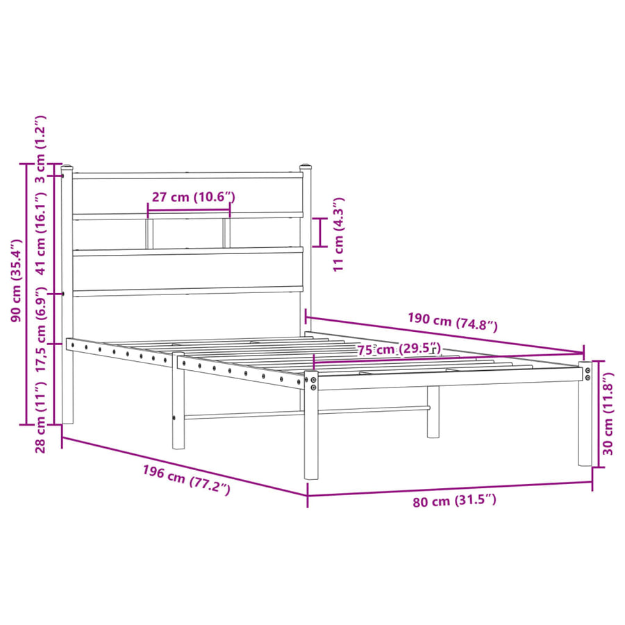 Bedframe met hoofdbord zonder matras bruin eikenkleur 75x190 cm