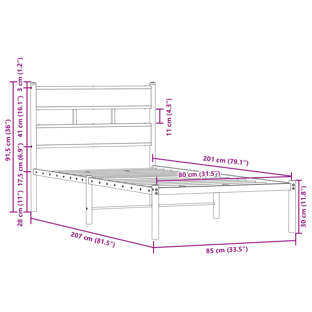 Bedframe met hoofdbord zonder matras bruin eikenkleur 80x200 cm