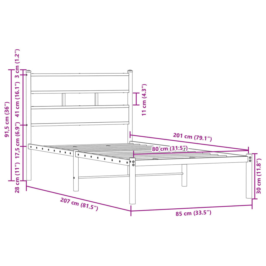Bedframe met hoofdbord zonder matras bruin eikenkleur 80x200 cm