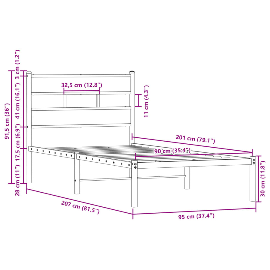 Bedframe met hoofdbord zonder matras bruin eikenkleur 90x200 cm
