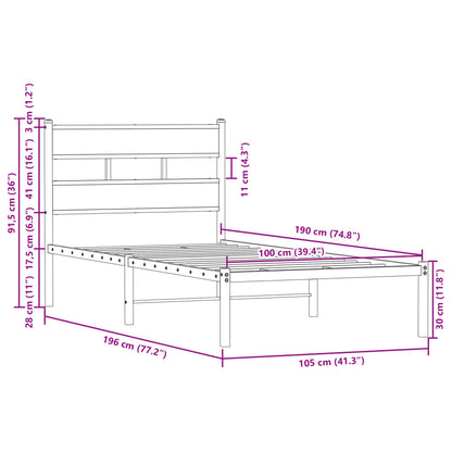 Bedframe met hoofdbord zonder matras bruin eiken 100x190 cm