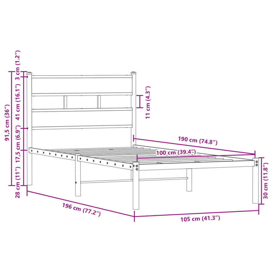 Bedframe met hoofdbord zonder matras bruin eiken 100x190 cm