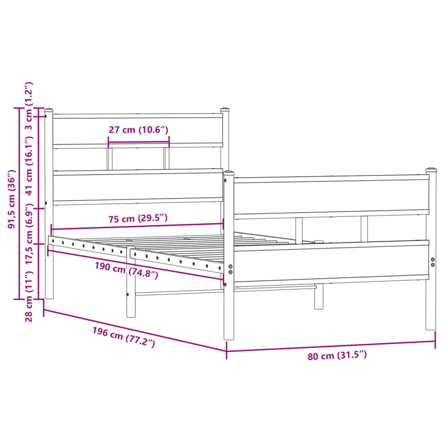 Bedframe met hoofdbord en voetbord zonder matras 75x190 cm