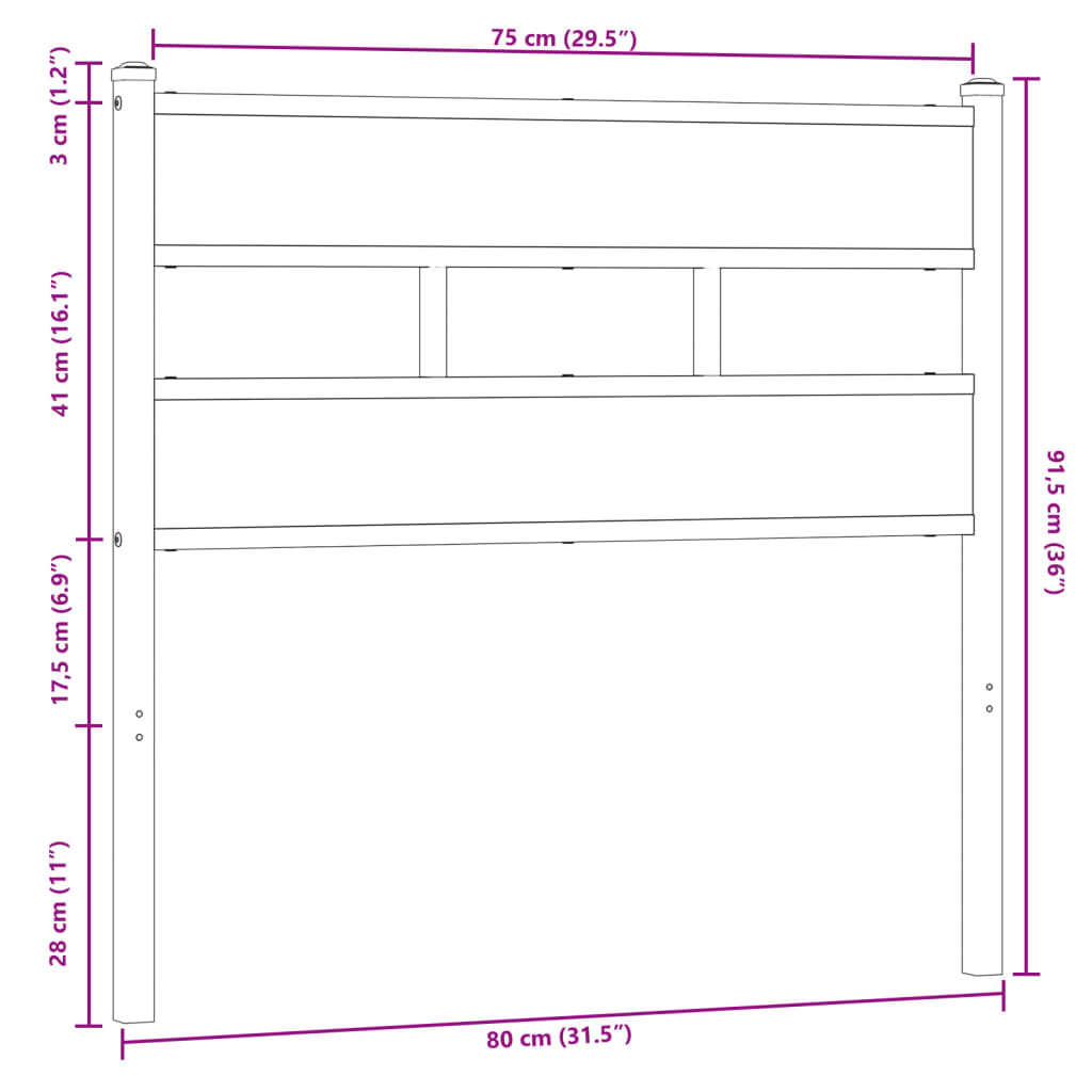 Hoofdbord 75 cm bewerkt hout en staal bruin eikenkleurig