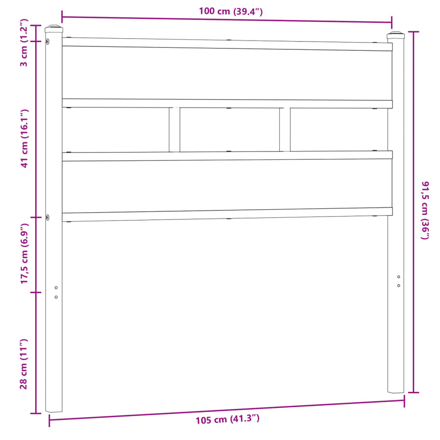 Hoofdbord 100 cm bewerkt hout en staal bruin eikenkleurig