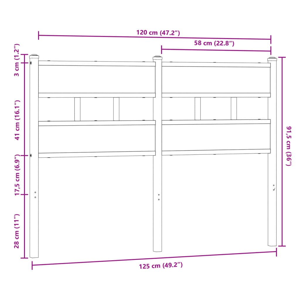 Hoofdbord 120 cm bewerkt hout en staal bruin eikenkleurig
