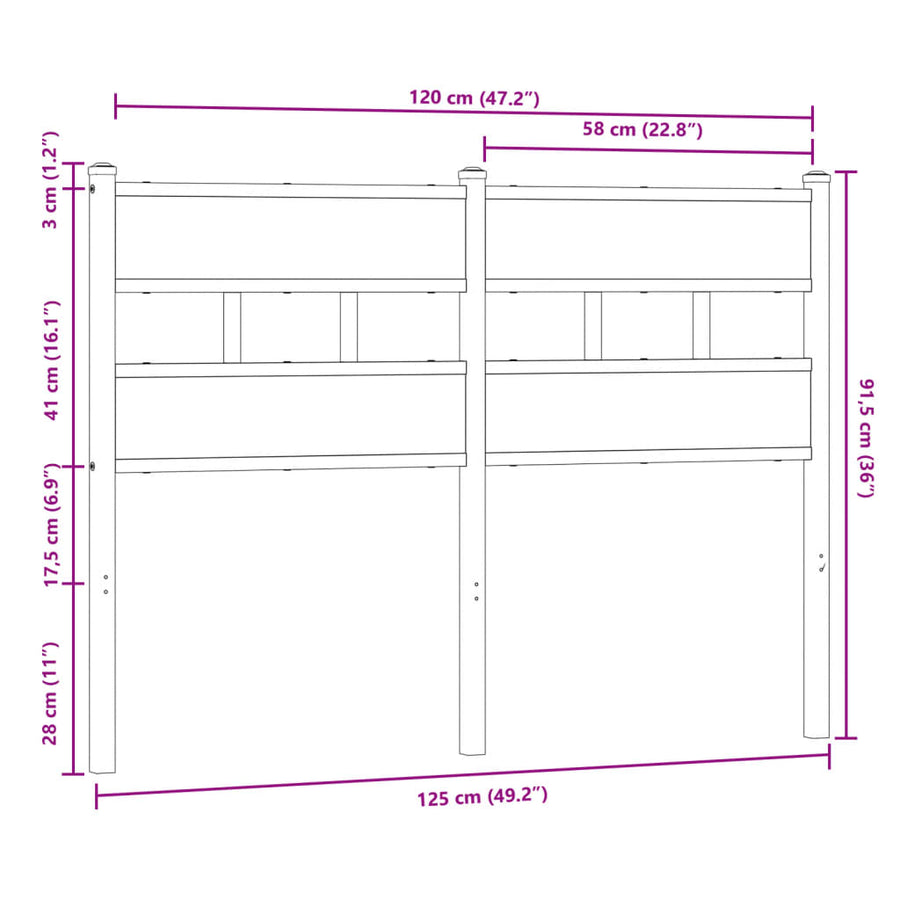 Hoofdbord 120 cm bewerkt hout en staal bruin eikenkleurig