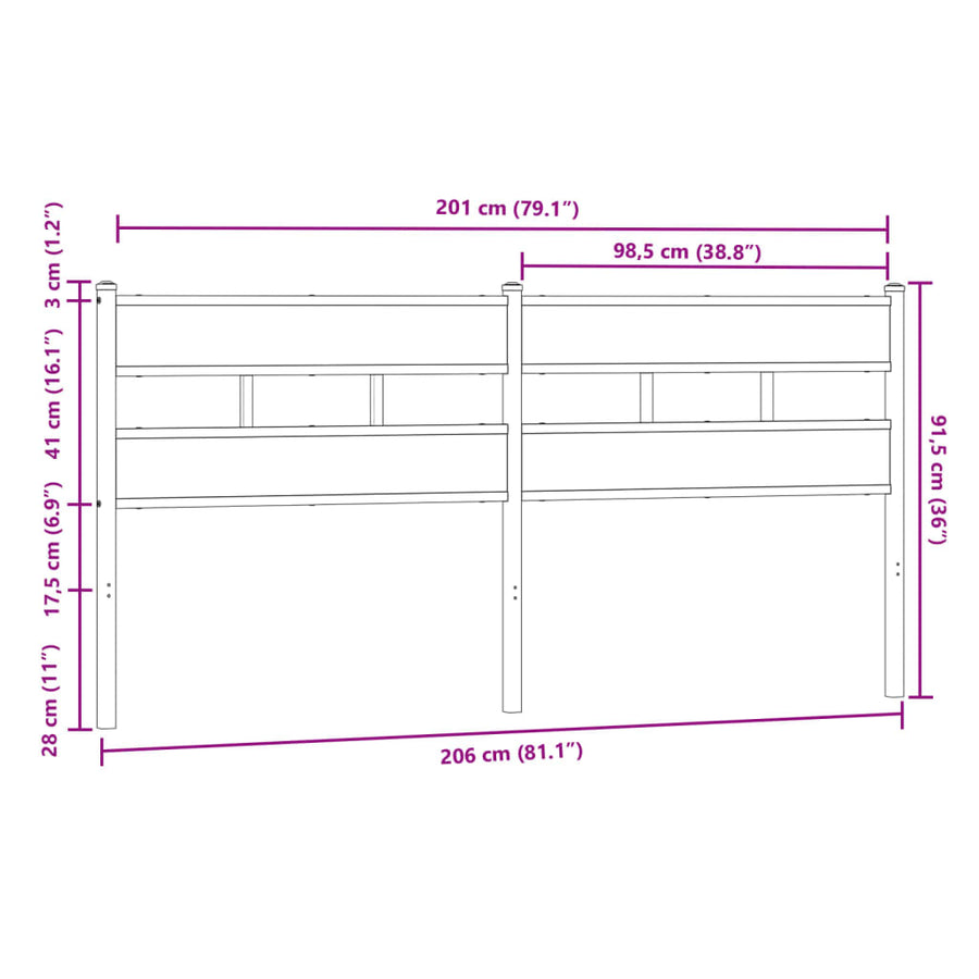 Hoofdbord 200 cm bewerkt hout en staal bruin eikenkleurig