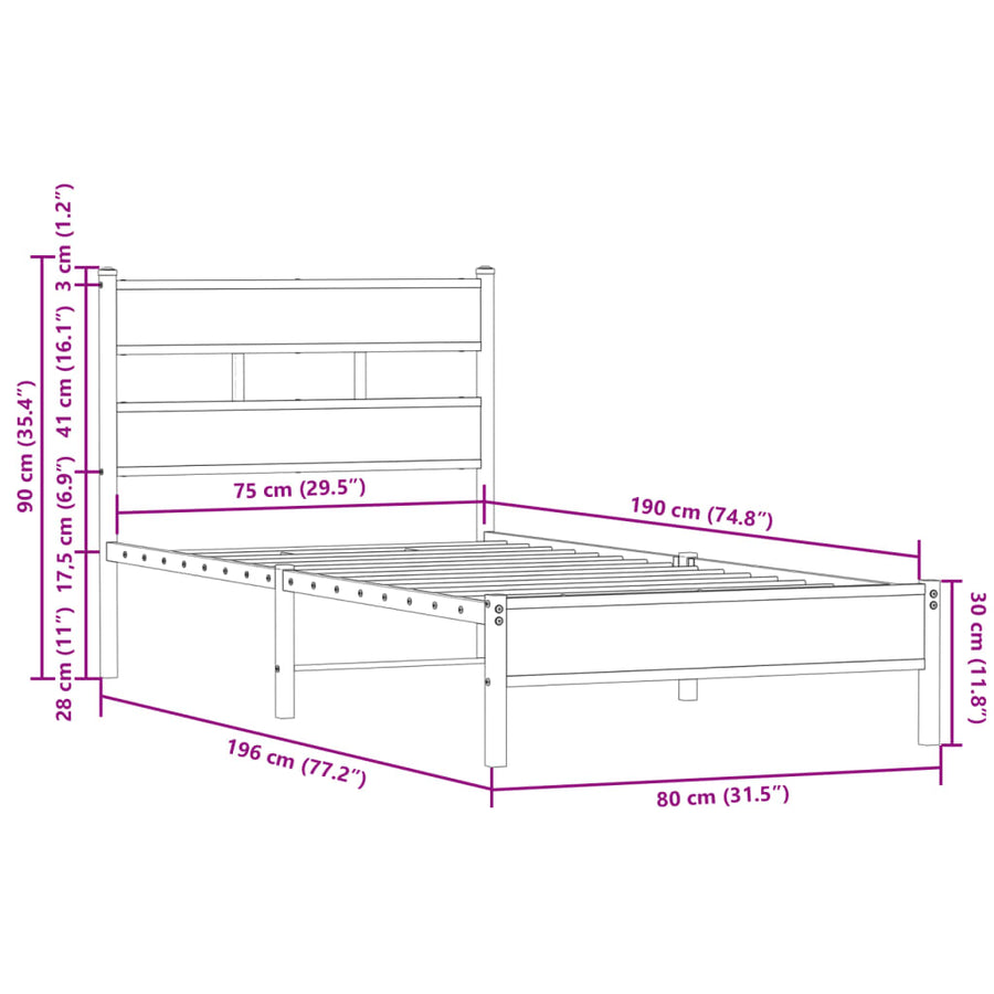 Bedframe met hoofdbord zonder matras sonoma eiken 75x190 cm