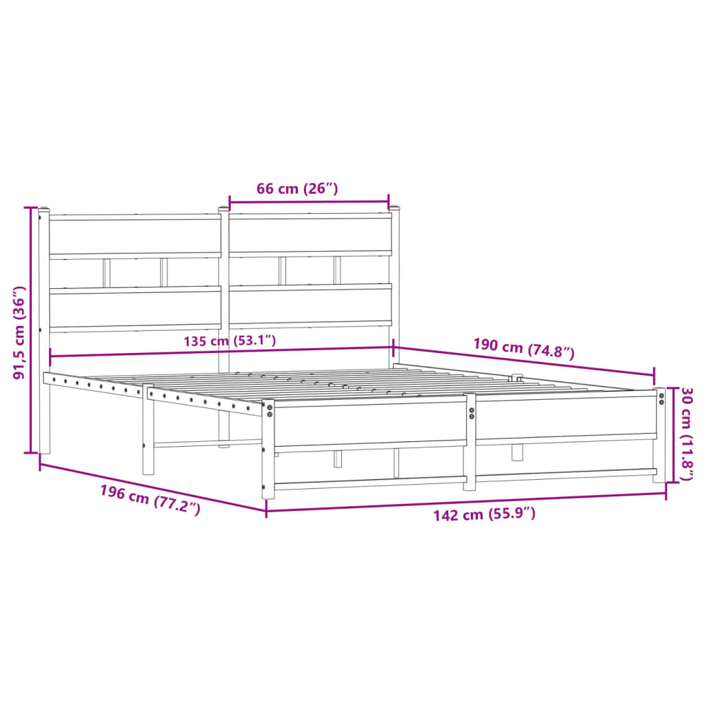 Bedframe zonder matras metaal gerookt eikenkleurig 135x190 cm