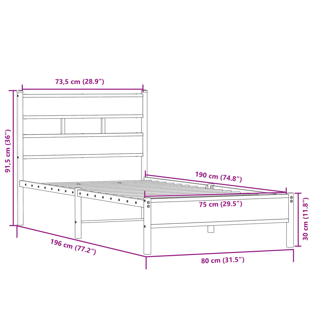 Bedframe zonder matras hout sonoma eikenkleurig 75x190 cm