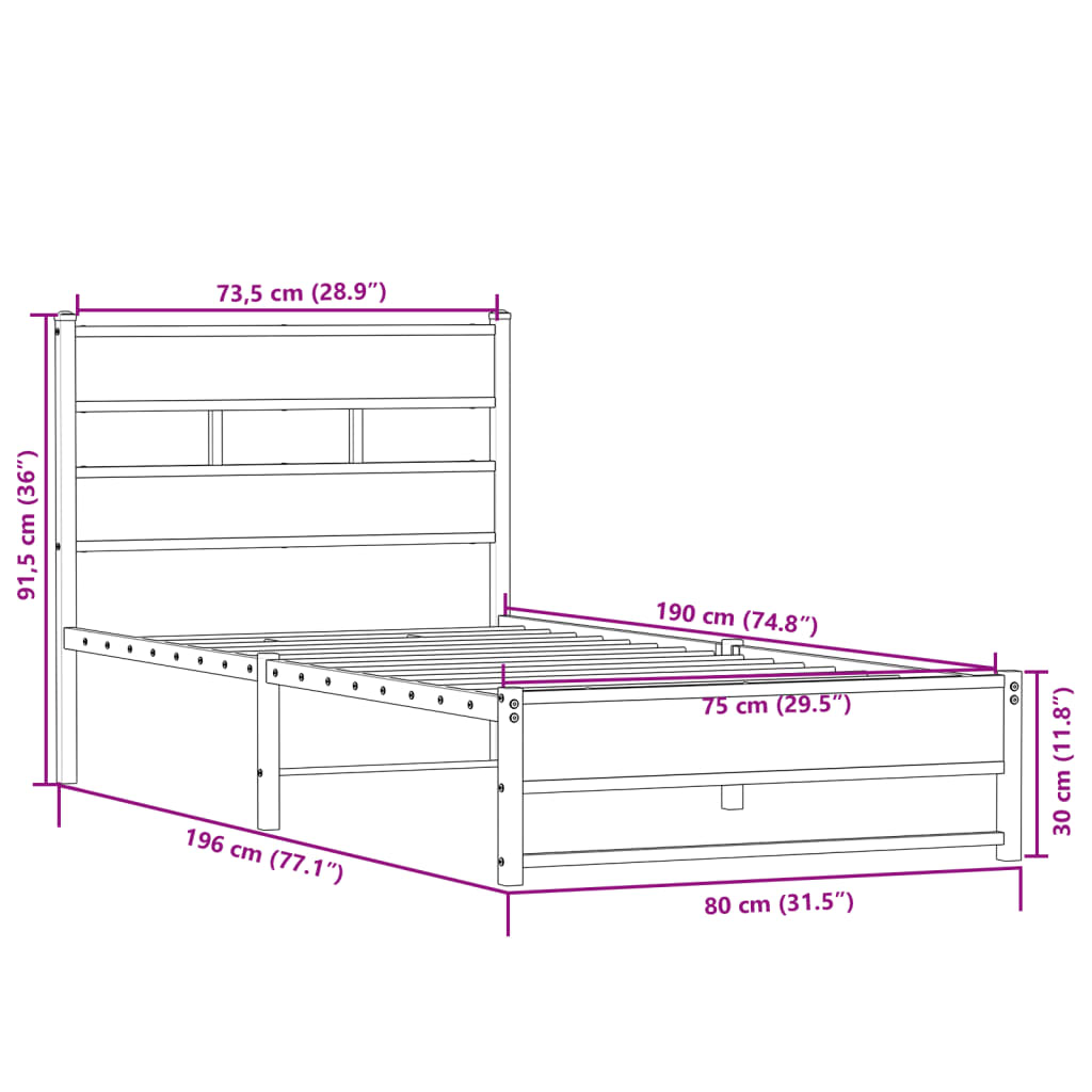 Bedframe zonder matras metaal sonoma eikenkleurig 75x190 cm