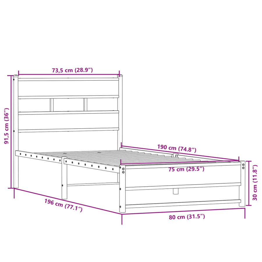 Bedframe zonder matras metaal sonoma eikenkleurig 75x190 cm