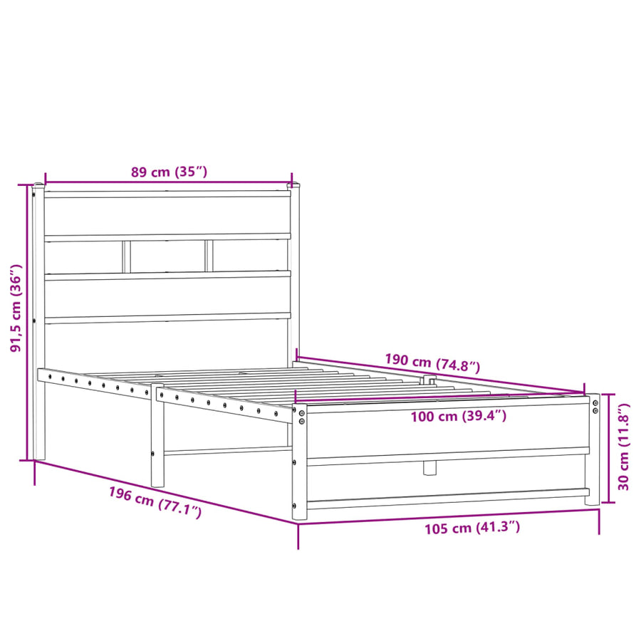 Bedframe zonder matras metaal sonoma eikenkleurig 100x190 cm