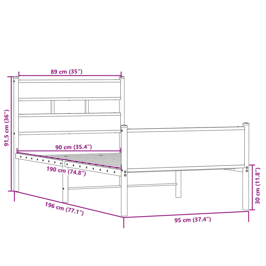 Bedframe Zonder Matras Hout Kleurig 90 x 190 cm Sonoma eiken