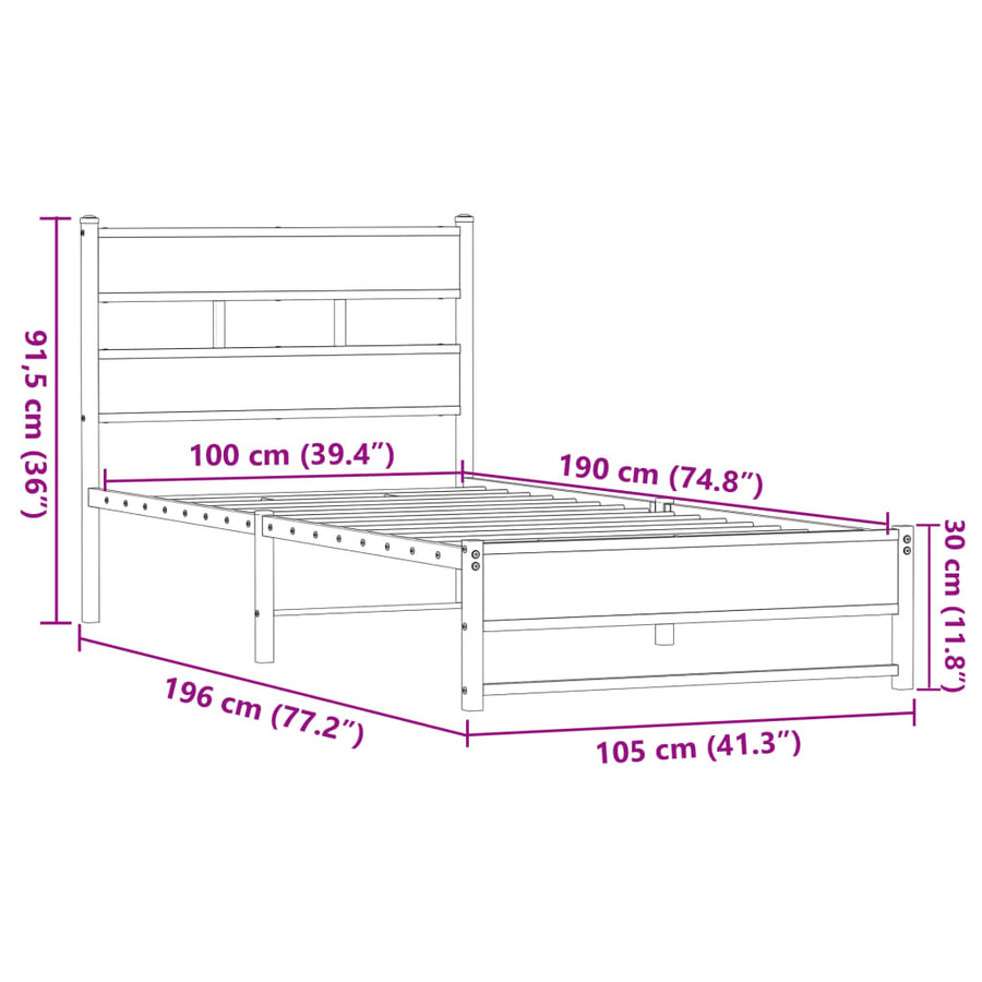 Bedframe zonder matras metaal bruin eikenkleurig 100x190 cm