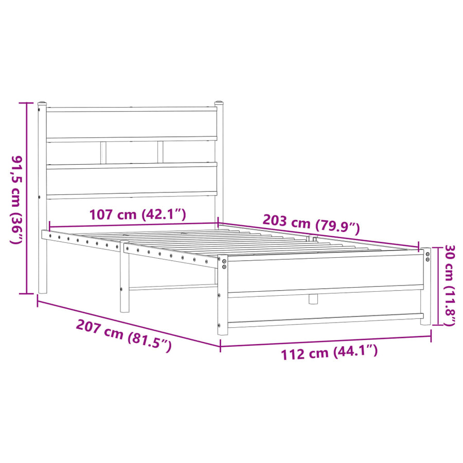 Bedframe zonder matras metaal bruin eikenkleurig 107x203 cm