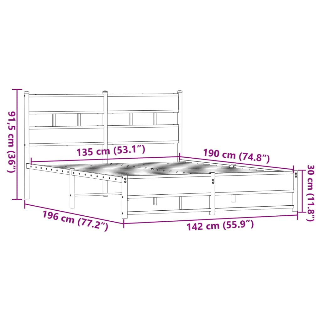 Bedframe Zonder Matras Metaal Ig 135 x 190 cm bruin eikenkleur