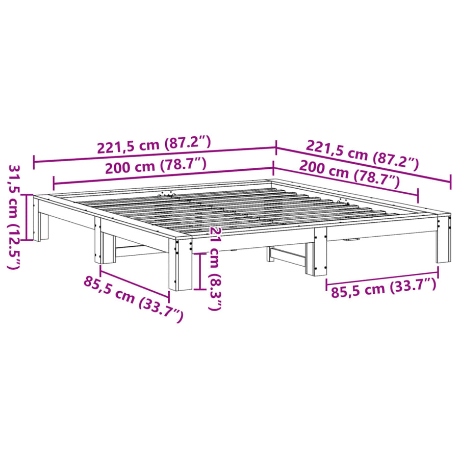 Bedframe zonder matras massief grenenhout wasbruin 200x200 cm