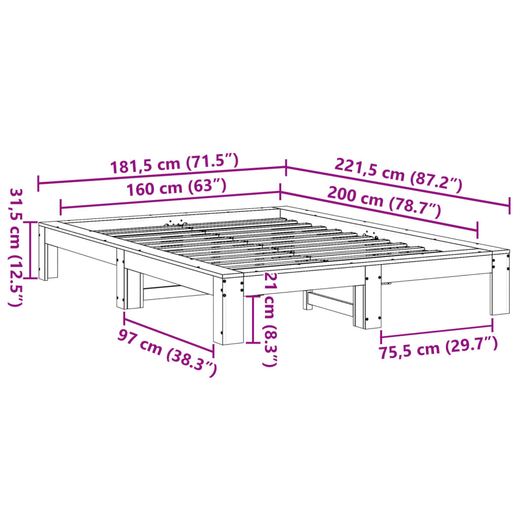 Bedframe zonder matras massief grenenhout wit 160x200 cm