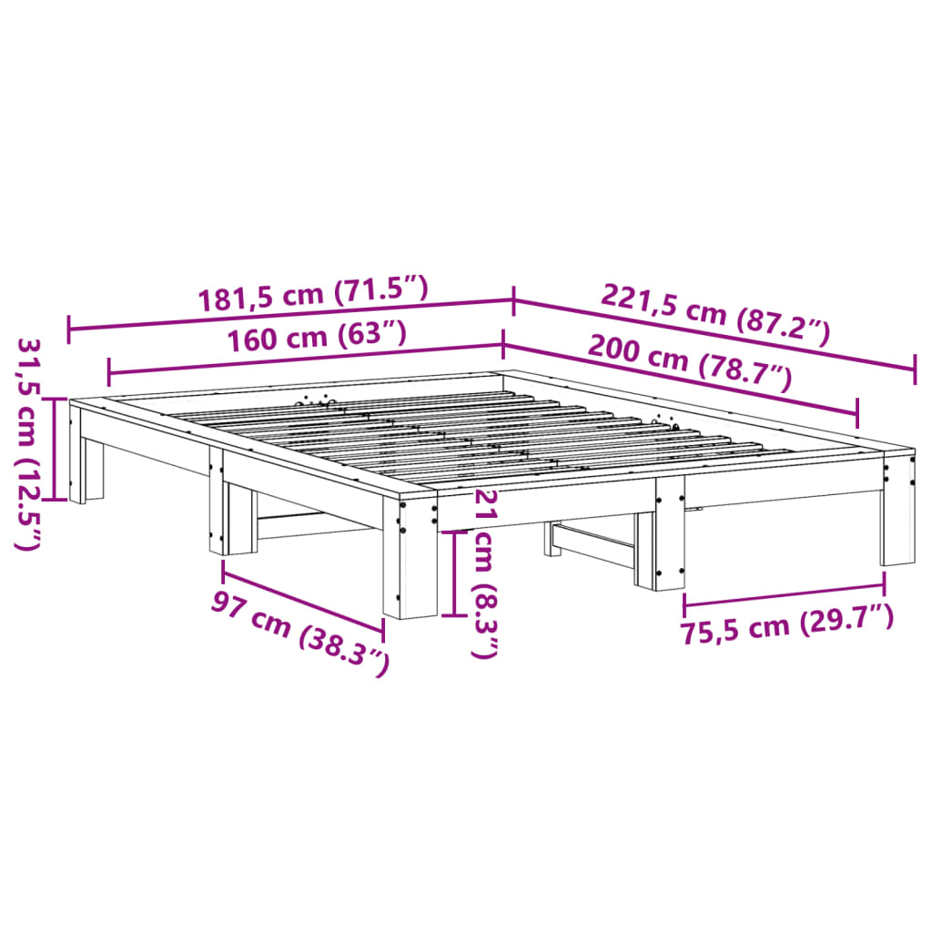 Bedframe zonder matras massief grenenhout wasbruin 160x200 cm