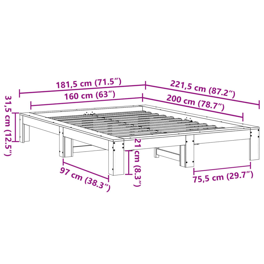 Bedframe zonder matras massief grenenhout wasbruin 160x200 cm