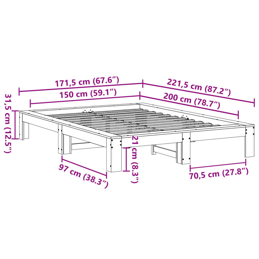 Bedframe zonder matras massief grenenhout wit 150x200 cm