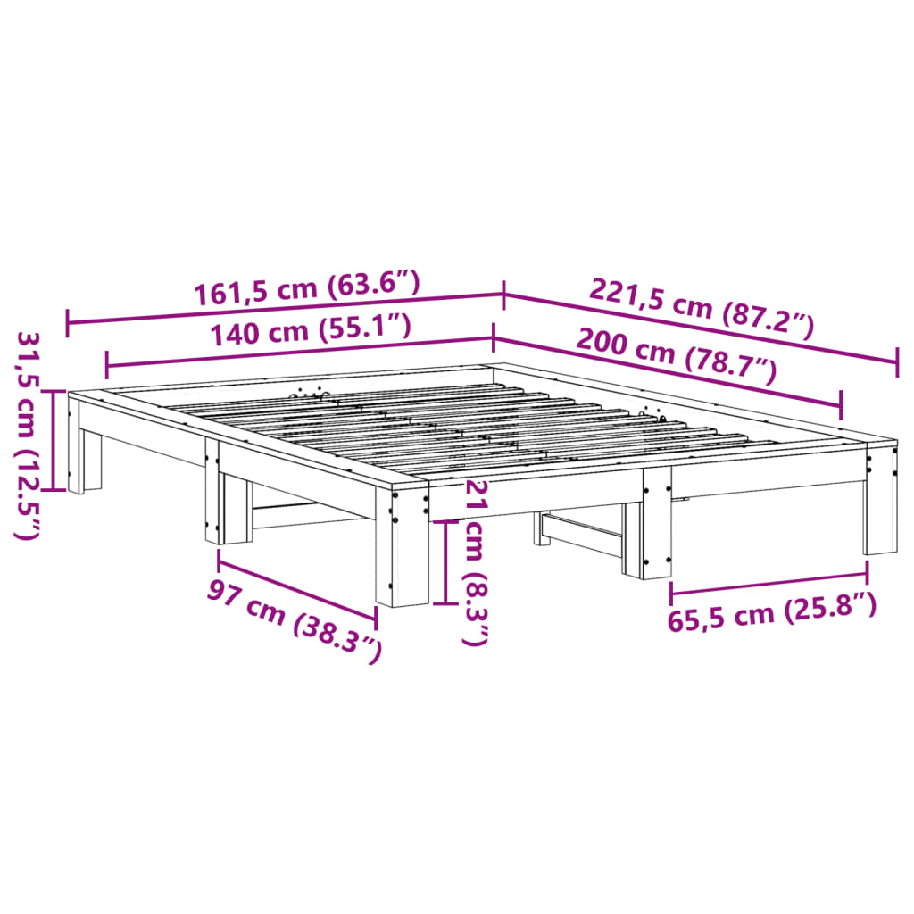 Bedframe zonder matras massief grenenhout wit 140x200 cm