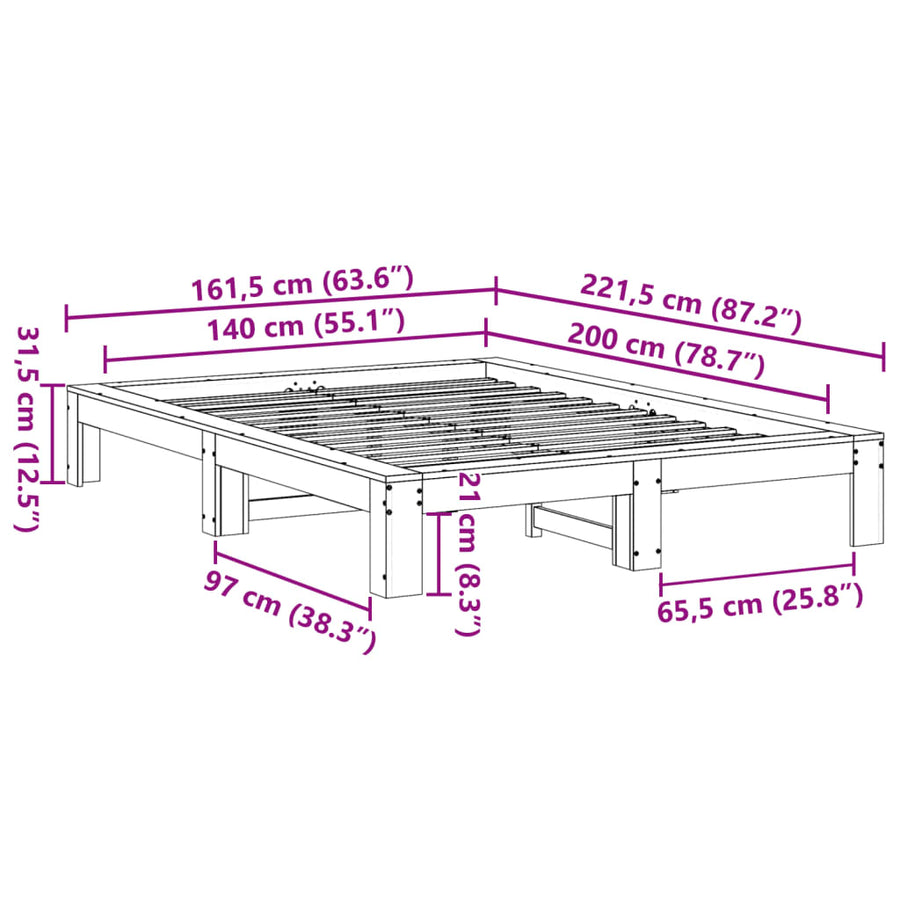 Bedframe zonder matras massief grenenhout wit 140x200 cm
