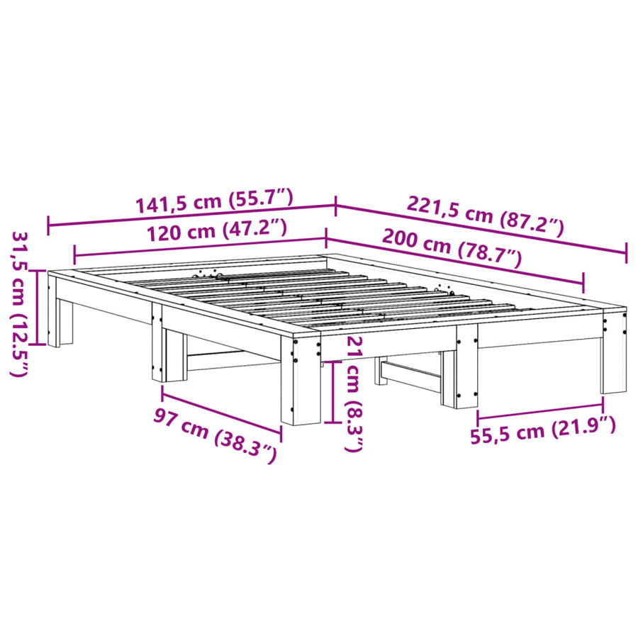 Bedframe zonder matras massief grenenhout wit 120x200 cm