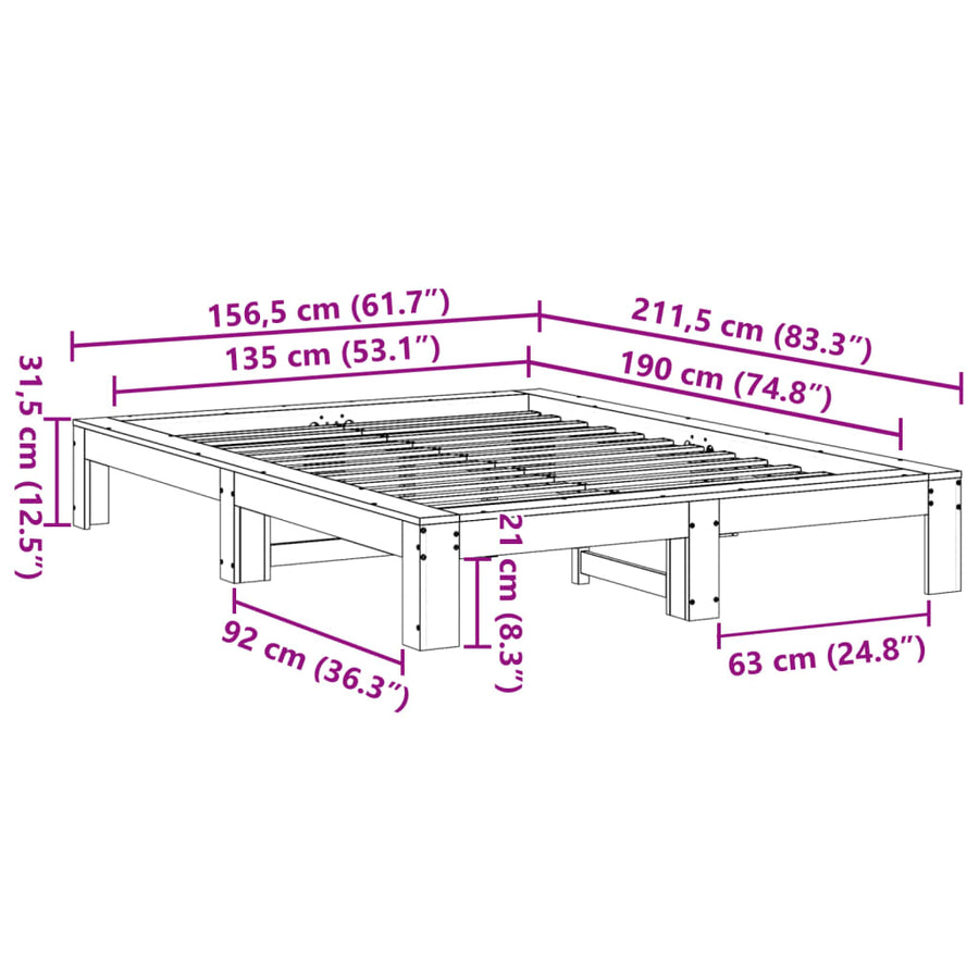 Bedframe zonder matras massief grenenhout 135x190 cm