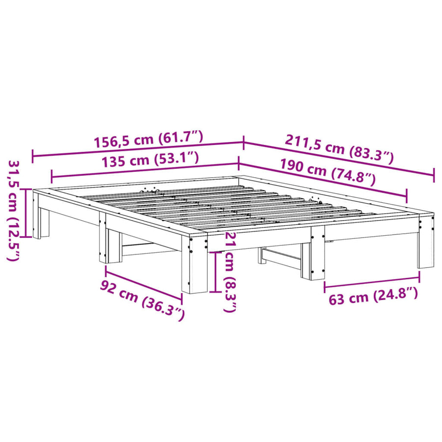 Bedframe zonder matras massief grenenhout wit 135x190 cm