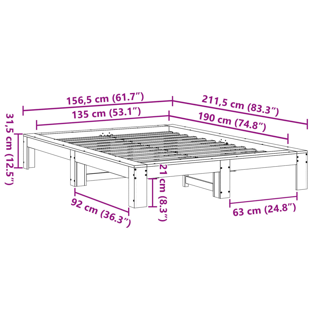 Bedframe zonder matras massief grenenhout wasbruin 135x190 cm