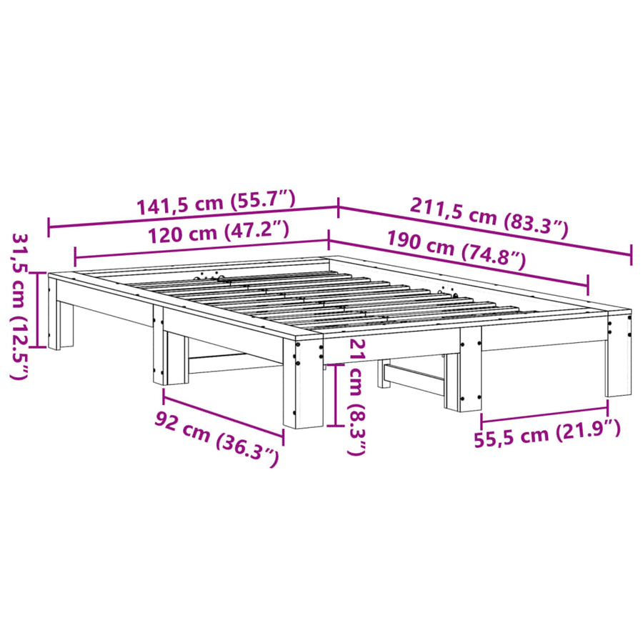 Bedframe zonder matras massief grenenhout wit 120x190 cm