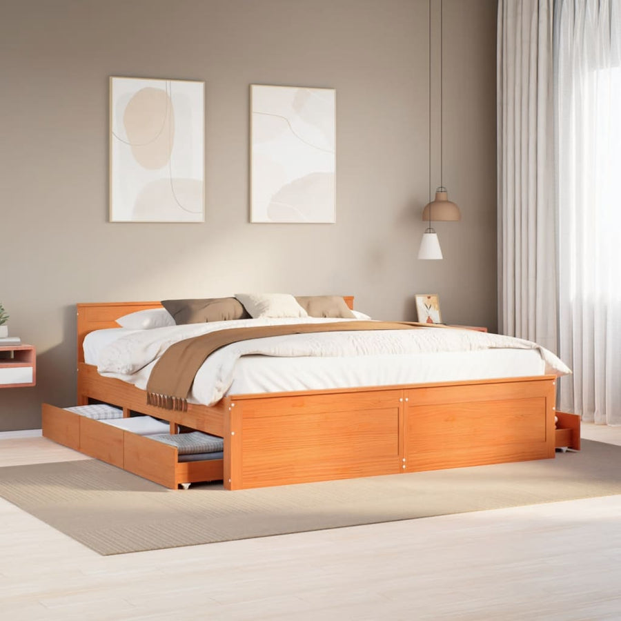 Bedframe Zonder Matras Met Hoofdbord Grenenhout Bruin 200X200Cm 200 x 200 cm