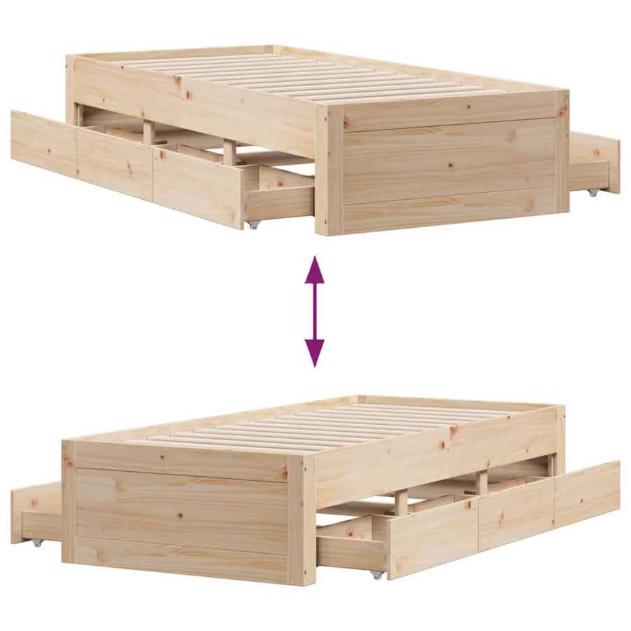 Bedframe zonder matras met lades massief grenenhout 75x190 cm