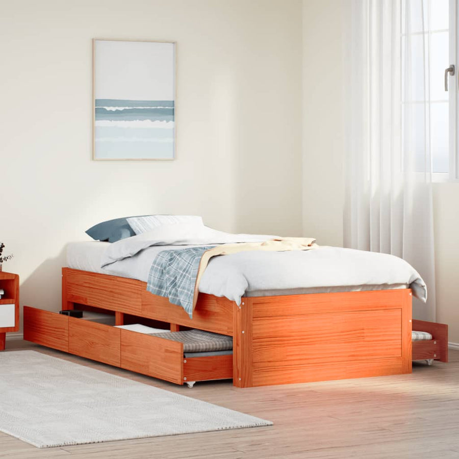 Bedframe zonder matras met lades grenenhout wasbruin 75x190 cm