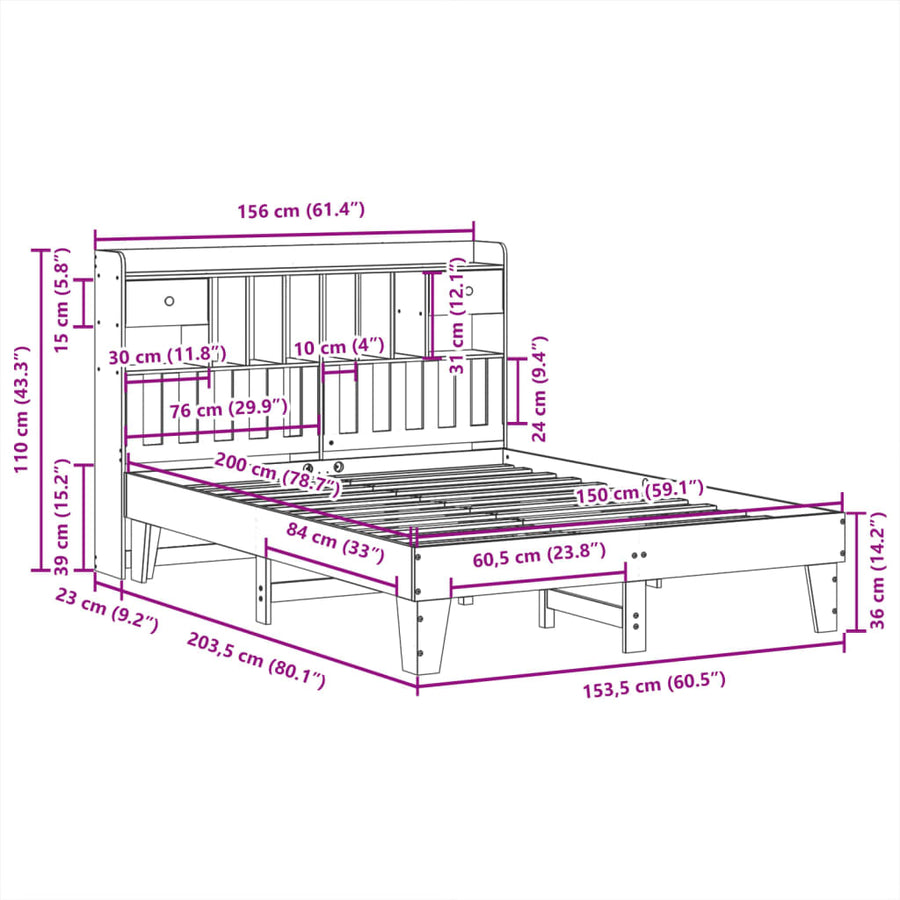 Bedframe zonder matras massief grenenhout wit 150x200 cm