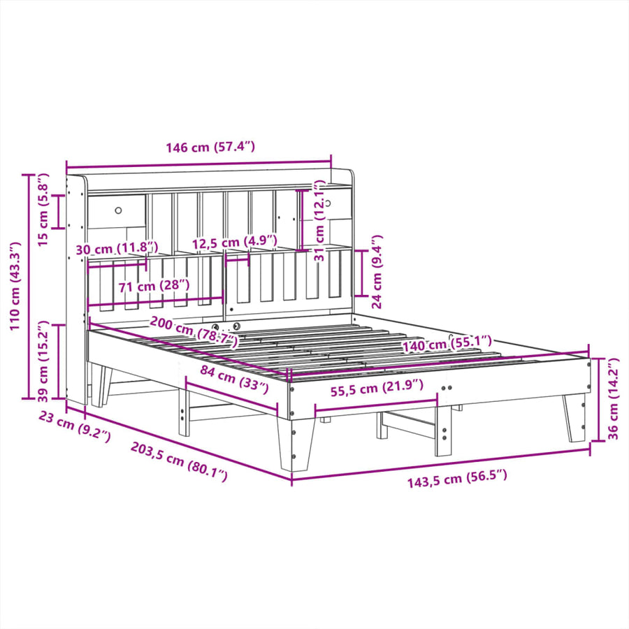 Bedframe zonder matras massief grenenhout wit 140x200 cm