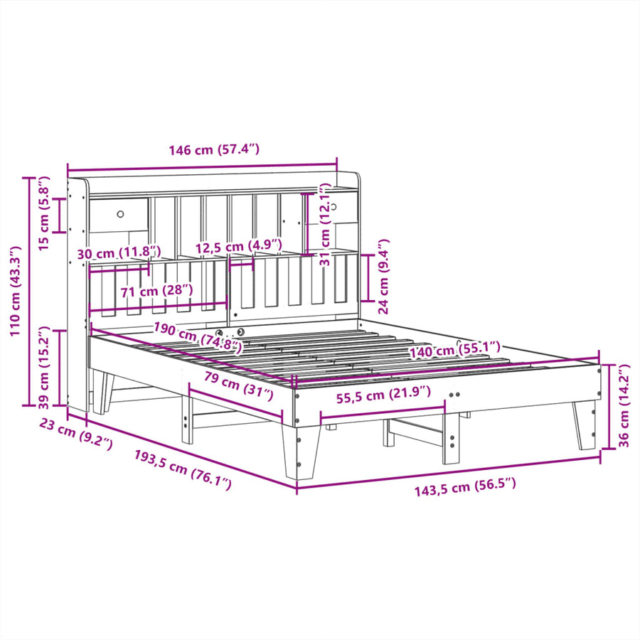 Bedframe zonder matras massief grenenhout wit 140x190 cm