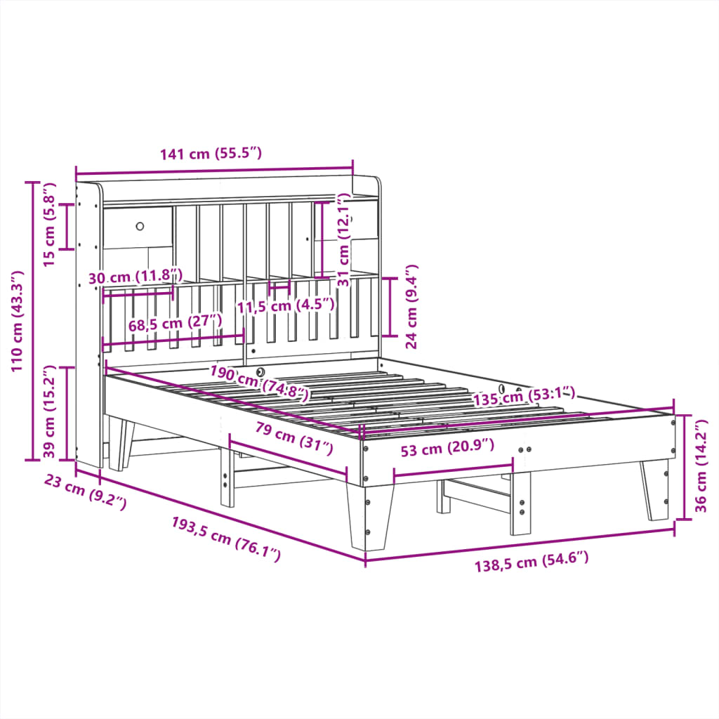 Bedframe zonder matras massief grenenhout wit 135x190 cm