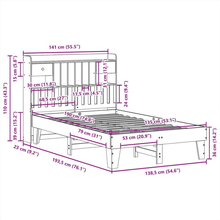Bedframe zonder matras massief grenenhout wit 135x190 cm