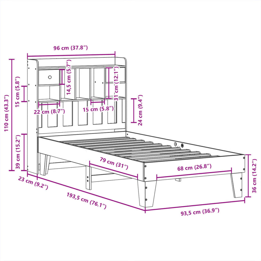 Bedframe zonder matras massief grenenhout wit 90x190 cm